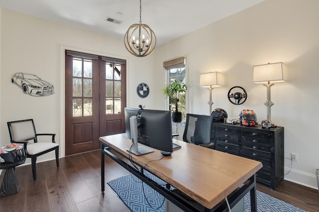 office area featuring dark wood-style floors, baseboards, visible vents, and french doors