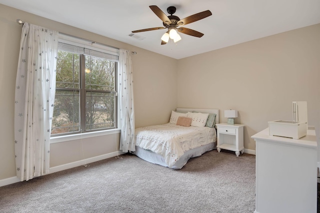 bedroom featuring carpet, visible vents, ceiling fan, and baseboards