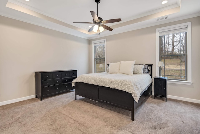 bedroom featuring carpet floors, a tray ceiling, visible vents, and baseboards