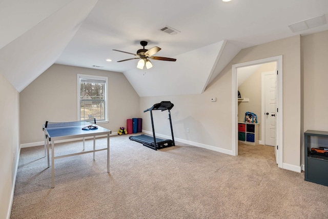 game room with visible vents, carpet flooring, vaulted ceiling, ceiling fan, and baseboards