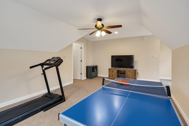 game room with a ceiling fan, carpet flooring, vaulted ceiling, and baseboards