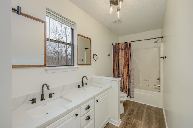 bathroom featuring a sink, a textured ceiling, toilet, and wood finished floors