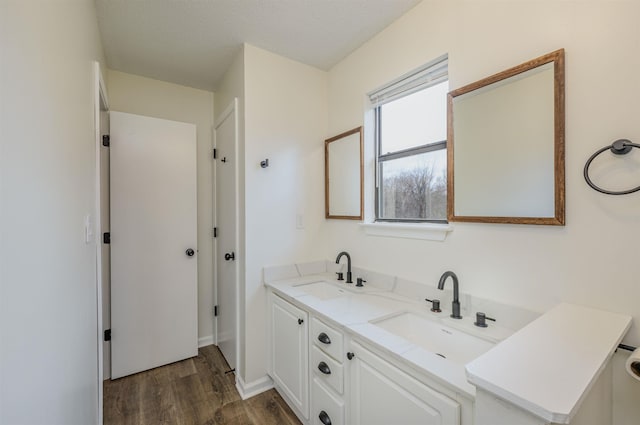 bathroom with double vanity, a sink, baseboards, and wood finished floors