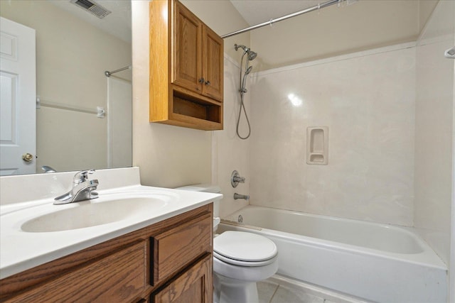 bathroom featuring visible vents, toilet, vanity,  shower combination, and tile patterned flooring