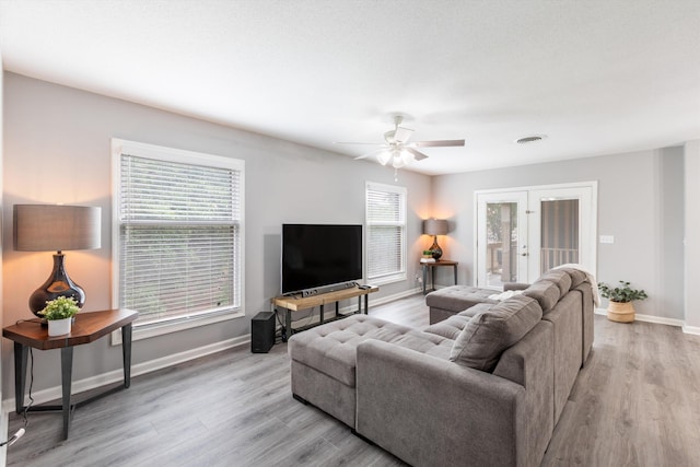 living area featuring a healthy amount of sunlight, light wood-type flooring, and baseboards