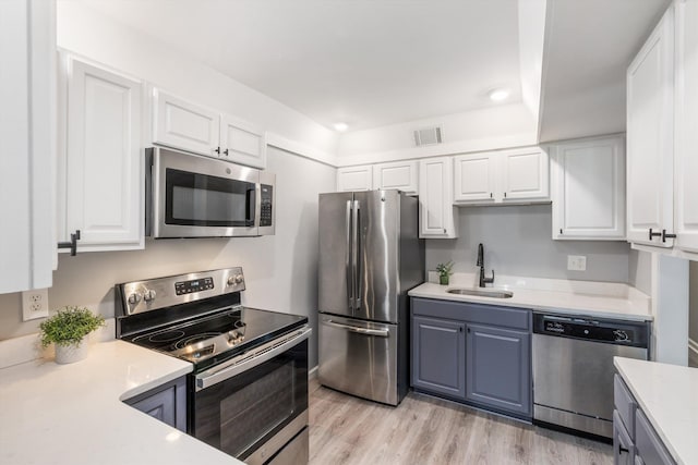 kitchen with stainless steel appliances, light countertops, visible vents, white cabinetry, and a sink