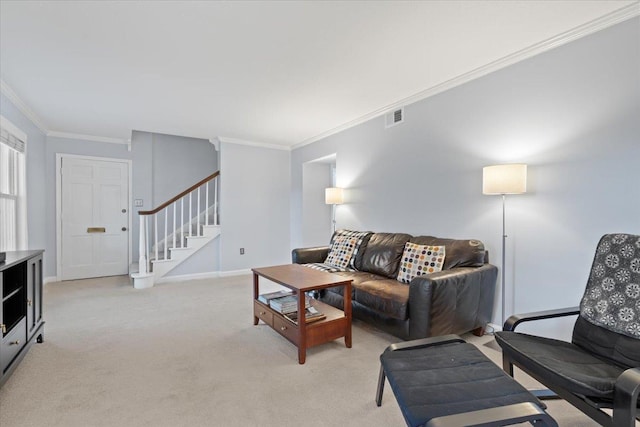 living area with light colored carpet, visible vents, baseboards, stairs, and ornamental molding