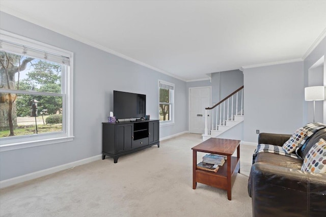 living room featuring light carpet, stairs, baseboards, and ornamental molding