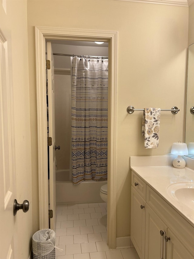 bathroom with toilet, tile patterned flooring, shower / bathtub combination with curtain, and vanity