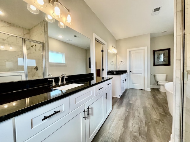 full bath with wood finished floors, two vanities, a sink, visible vents, and a shower stall