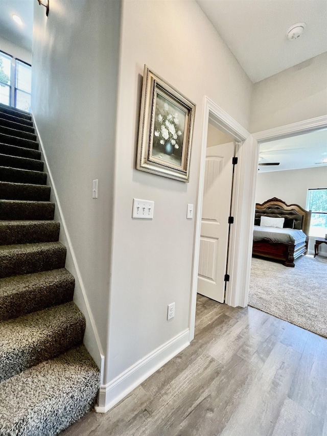 stairway with baseboards and wood finished floors