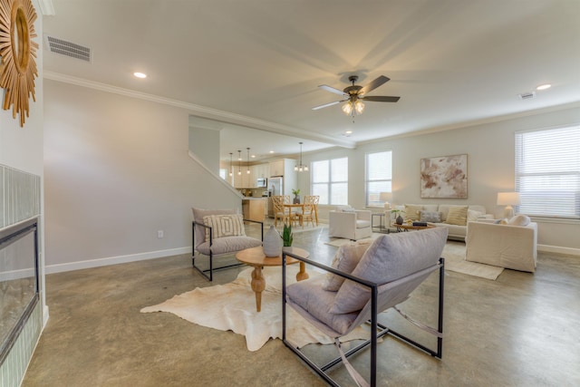 living room with ornamental molding, recessed lighting, visible vents, and baseboards