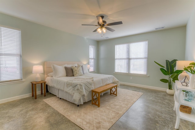 bedroom featuring baseboards, concrete floors, visible vents, and a ceiling fan