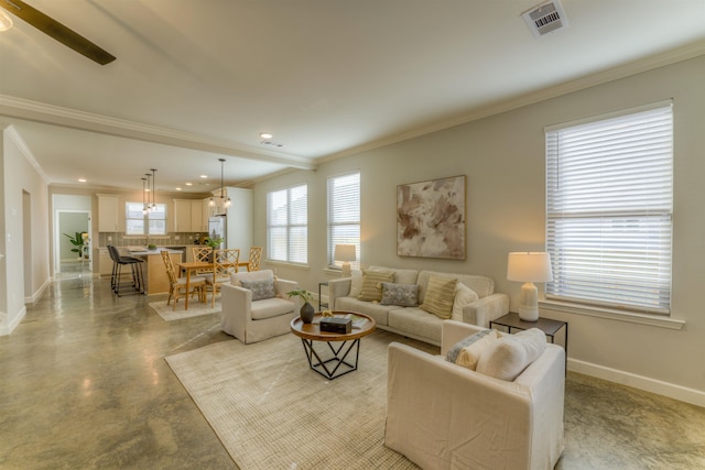 living room featuring recessed lighting, concrete floors, visible vents, baseboards, and crown molding