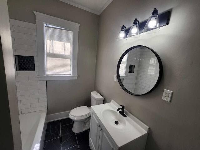 full bathroom with toilet, baseboards, ornamental molding, and vanity