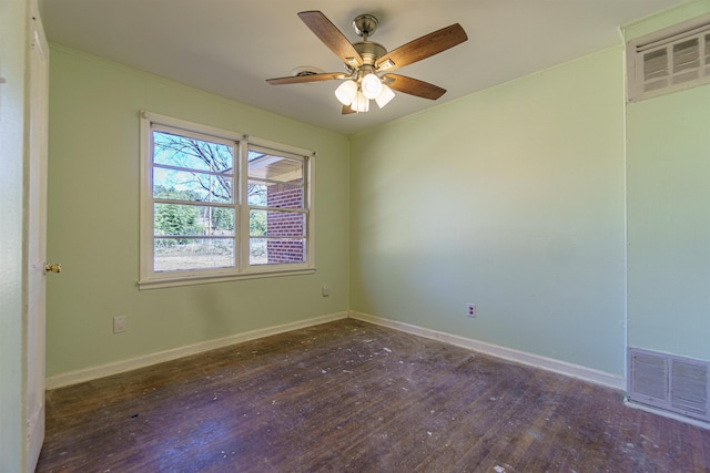 unfurnished room with a wall unit AC, a ceiling fan, visible vents, baseboards, and wood-type flooring