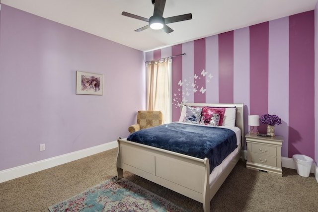 bedroom featuring wallpapered walls, carpet, baseboards, and a ceiling fan