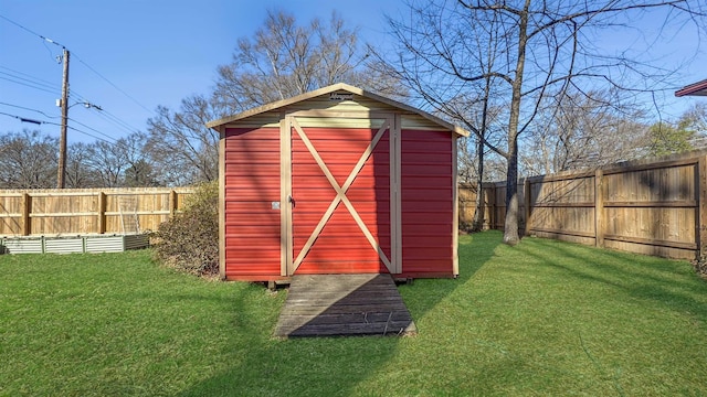 view of shed with a fenced backyard