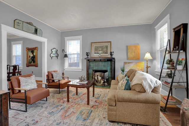 living area featuring baseboards, wood finished floors, crown molding, and a tile fireplace