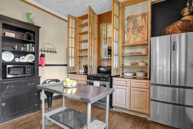 kitchen with open shelves, dark countertops, stainless steel appliances, and dark wood-style flooring