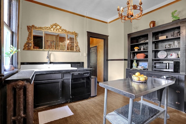 kitchen with black dishwasher, stainless steel microwave, ornamental molding, a sink, and wood finished floors