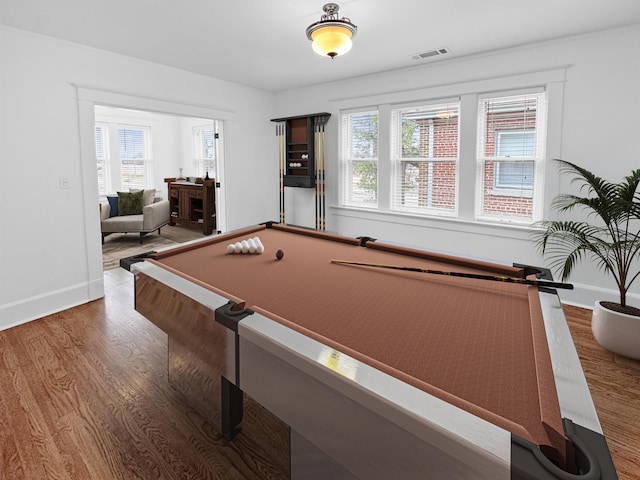 rec room featuring pool table, wood finished floors, visible vents, and baseboards