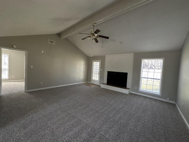 unfurnished living room with baseboards, visible vents, vaulted ceiling with beams, and carpet flooring