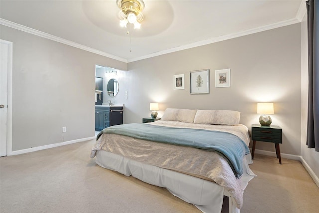 bedroom featuring light colored carpet, crown molding, and baseboards