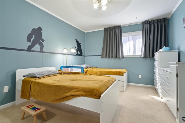 bedroom with ceiling fan, ornamental molding, baseboards, and light colored carpet