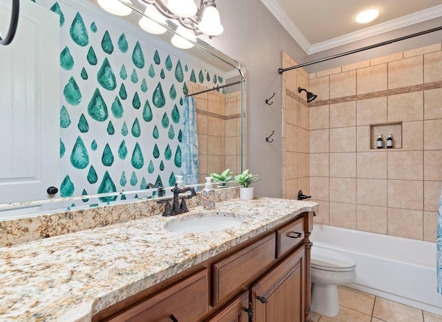 bathroom with toilet, shower / tub combo, vanity, tile patterned floors, and crown molding