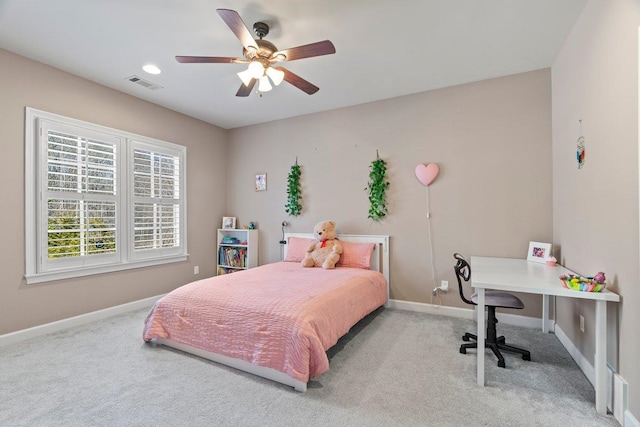 bedroom with carpet, visible vents, ceiling fan, and baseboards