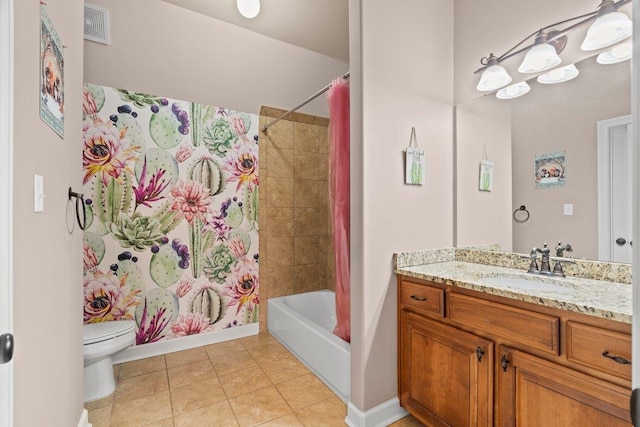 bathroom featuring visible vents, toilet, tile patterned flooring, shower / bathtub combination with curtain, and vanity