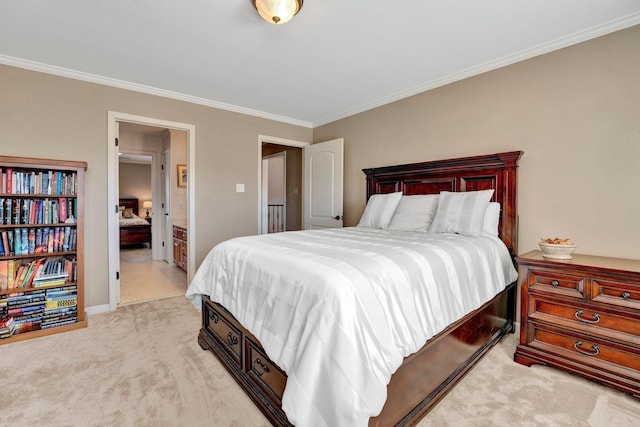 bedroom with light colored carpet and crown molding