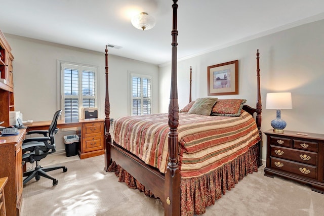 bedroom with light carpet, visible vents, and ornamental molding