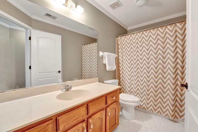 full bathroom with visible vents, vanity, toilet, and tile patterned floors