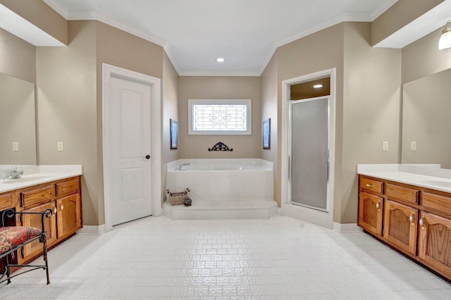 bathroom with a stall shower, two vanities, a sink, crown molding, and a bath