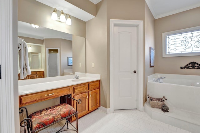 full bathroom with baseboards, a garden tub, tile patterned flooring, crown molding, and vanity