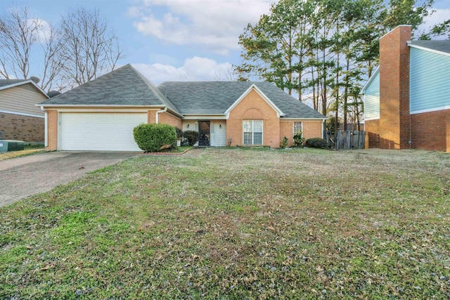 ranch-style house featuring a garage, brick siding, concrete driveway, roof with shingles, and a front yard