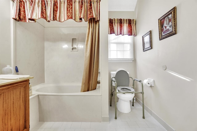 full bathroom featuring tile patterned flooring, toilet, shower / tub combo, vanity, and baseboards