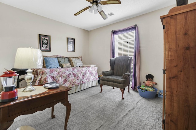 bedroom featuring carpet, visible vents, and ceiling fan