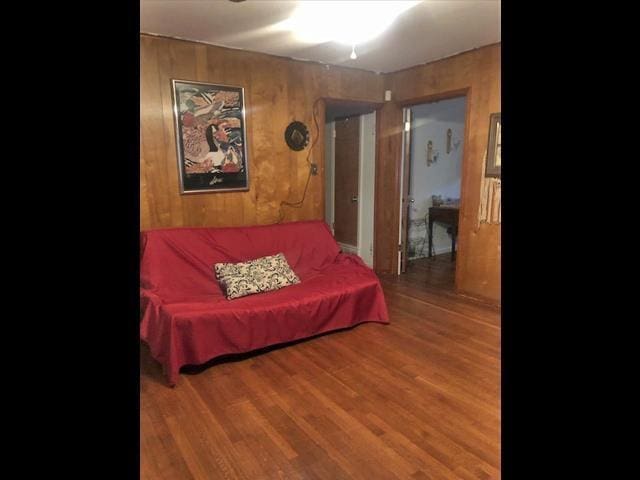 interior space with wood walls and wood finished floors