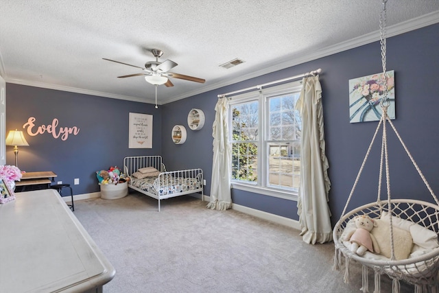 bedroom featuring carpet floors, visible vents, and ornamental molding