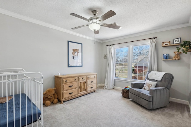 bedroom with carpet floors, crown molding, a textured ceiling, and baseboards