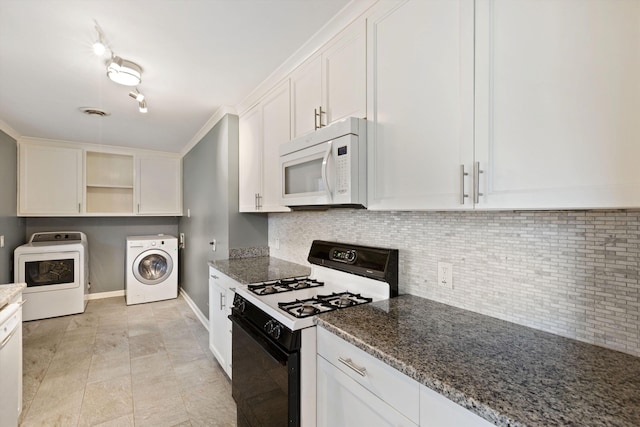 kitchen with open shelves, backsplash, white cabinetry, dark stone counters, and white appliances