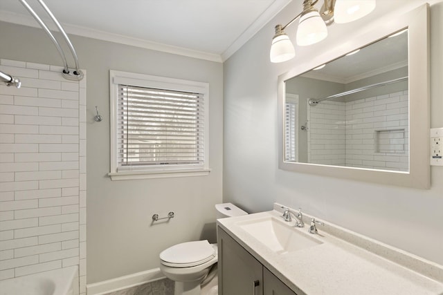 bathroom featuring baseboards, bathing tub / shower combination, toilet, crown molding, and vanity