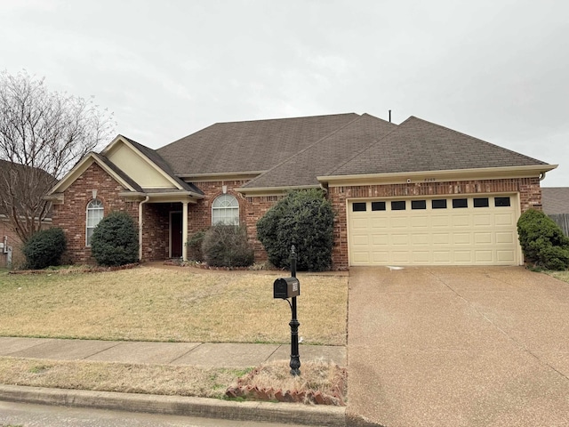 ranch-style home featuring a front yard, brick siding, driveway, and an attached garage