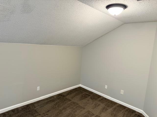 bonus room featuring lofted ceiling, dark carpet, a textured ceiling, and baseboards