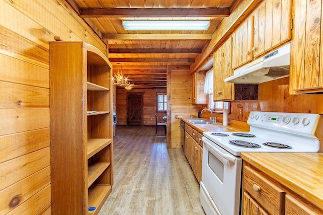 kitchen with beam ceiling, white electric stove, wood walls, a sink, and under cabinet range hood