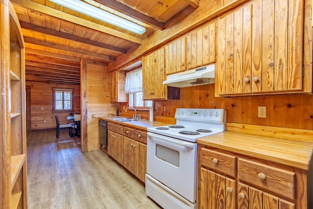 kitchen with white electric stove, dishwasher, wood walls, under cabinet range hood, and a sink