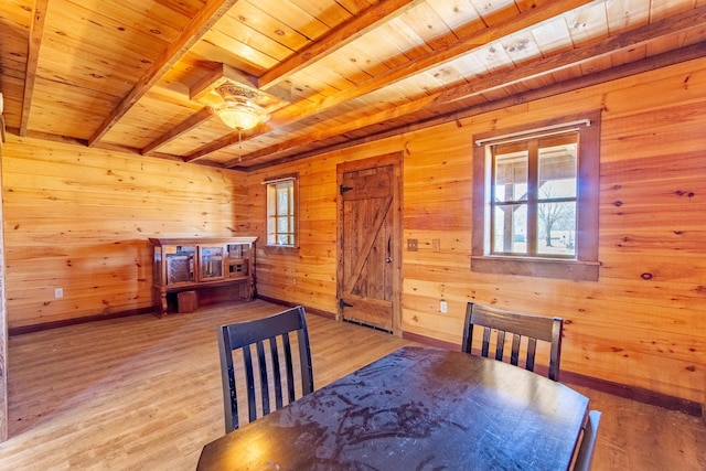 dining space featuring wood ceiling, wood finished floors, and beamed ceiling